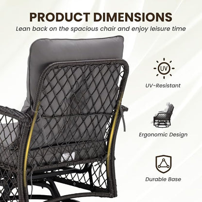 3-Piece Patio Furniture Set, Wicker Outdoor Bistro Set Swivel Glider Patio Chairs x 2 with Cushions, High Back All-Weather Rattan Outdoor Furniture for Porch, Backyard (Grey + Wicker)