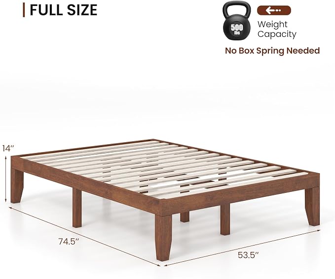 KOMFOTT 14 Inches Wood Platform Bed Frame Full Size, Wooden Mattress Foundation with Rubber Wood Frame, Strong Wooden Slat Support, No Box Spring Needed, Bed Frame (Brown Cherry)