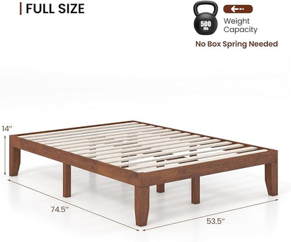 KOMFOTT 14 Inches Wood Platform Bed Frame Full Size, Wooden Mattress Foundation with Rubber Wood Frame, Strong Wooden Slat Support, No Box Spring Needed, Bed Frame (Brown Cherry)