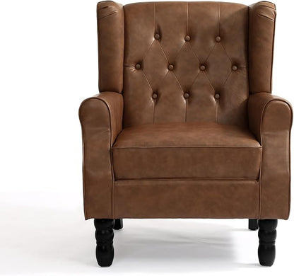 Faux Leather High Back Accent Chairs Set of 2, Leather Upholstered Armchair Wingback Chair for Living Room, Comfy Single Sofa Bedroom Reading Seat with Solid Wood Legs, Brown