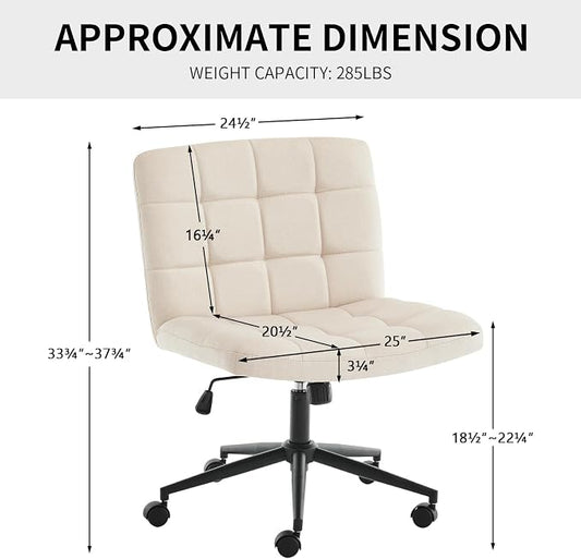 Furnimart Swivel Criss Cross Legged Chair with Wheels for Home Office, Wide Armless Desk Chair Height Adjustable Comfy Seat for Desk,Vanity, Bedroom, Beige