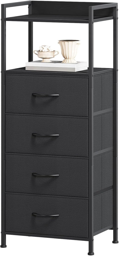 Somdot Nightstand with 4 Drawers, Vertical Storage Tower Fabric Dresser for Bedroom, Night Stand Bedside Table Furniture, Sturdy Steel Frame, Wooden Top & Easy Pull Fabric Bins, Black