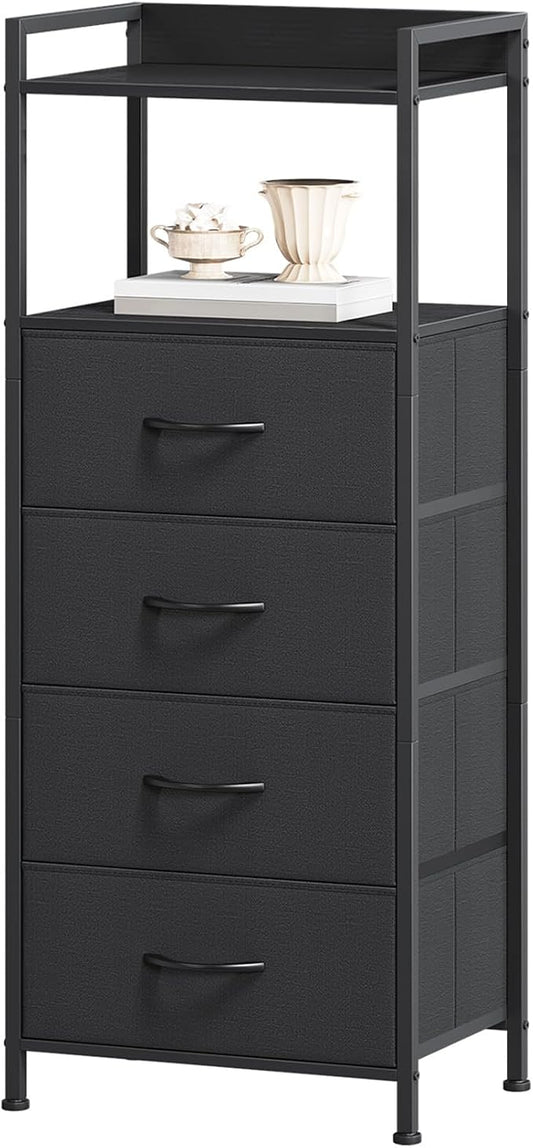 Somdot Nightstand with 4 Drawers, Vertical Storage Tower Fabric Dresser for Bedroom, Night Stand Bedside Table Furniture, Sturdy Steel Frame, Wooden Top & Easy Pull Fabric Bins, Black