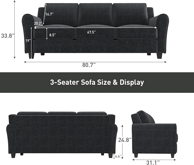 Bonzy Home 2 Piece Sofa Set, 2-Seater and 3-Seater Sofa Couch, Modern Comfy Sofa with Thicked Cushion for Living Room Apartment Office, Black