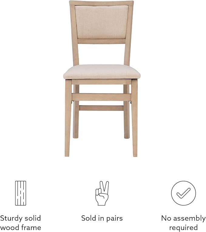 Linon Keira Natural Rustic Wooden Folding Chair with Beige Upholstered Seat and Back Set of 2
