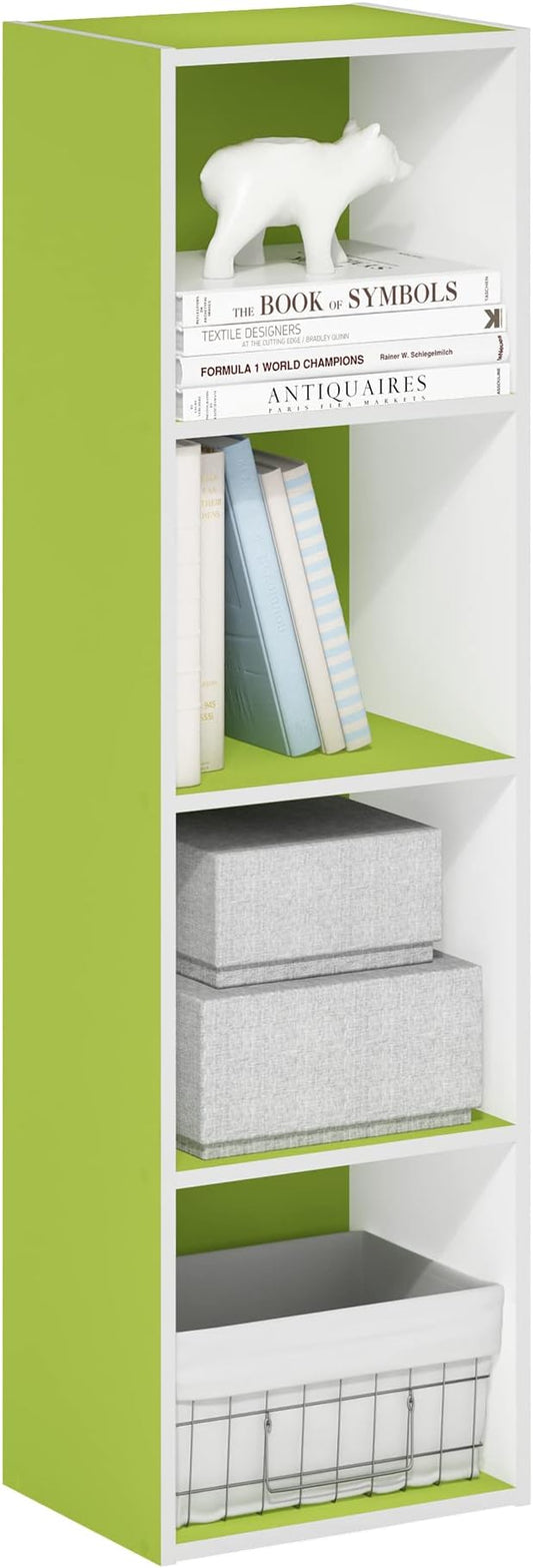 Furinno PASIR Book Shelf, 4-Tier Modern Bookshelf, Open Shelves Bookcase 9 x 12 x 42, Easy Assembly, for Living Room, Bedroom, Home Office, Green/White