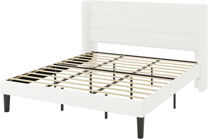Allewie King Size Platform Bed Frame with Velvet Upholstered Wingback Headboard, No Box Spring Needed, Under Bed Storage Space, Strong Wooden Slats, Modern Mattress Foundation, Easy Assembly, White