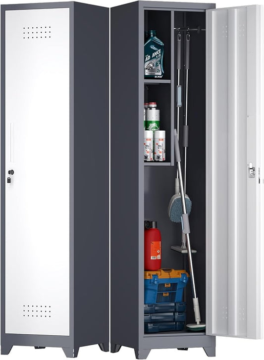 65" H Slim Broom Storage Cabinets, Utility Cabinet for Brooms and Mops, Steel Cleaning Tool Cabinet with Hanging Rod & S-Hooks for Bathroom, Garage