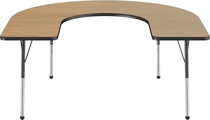 FDP Horseshoe (60 x 66 inch) Collaborative Teacher Classroom Table with Adjustable Standard Ball Glide Legs (19-30 in); School and Office Furniture - Pasadena Oak Top/Navy Edge and Legs