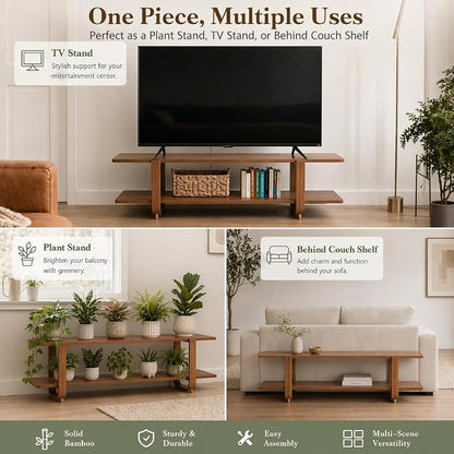 HollyHOME Bamboo TV Stand with Storage for TVs up to 65'', Modern Entertainment Center with 2 Open Shelf, Accent TV Media Console Table for Living Room, Bedroom, 55"(L), Walnut