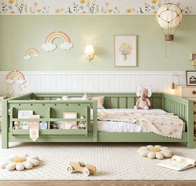 Bellemave Queen Size Floor Bed with high Rails and with Built-in Bookshelf for Kids, Girls, Boys, Wood Montessori Floor Bed Without Door, Avocado Green