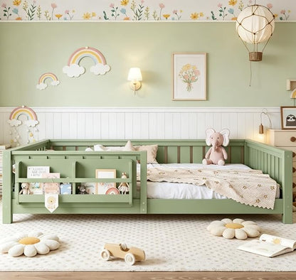 Bellemave Queen Size Floor Bed with high Rails and with Built-in Bookshelf for Kids, Girls, Boys, Wood Montessori Floor Bed Without Door, Avocado Green