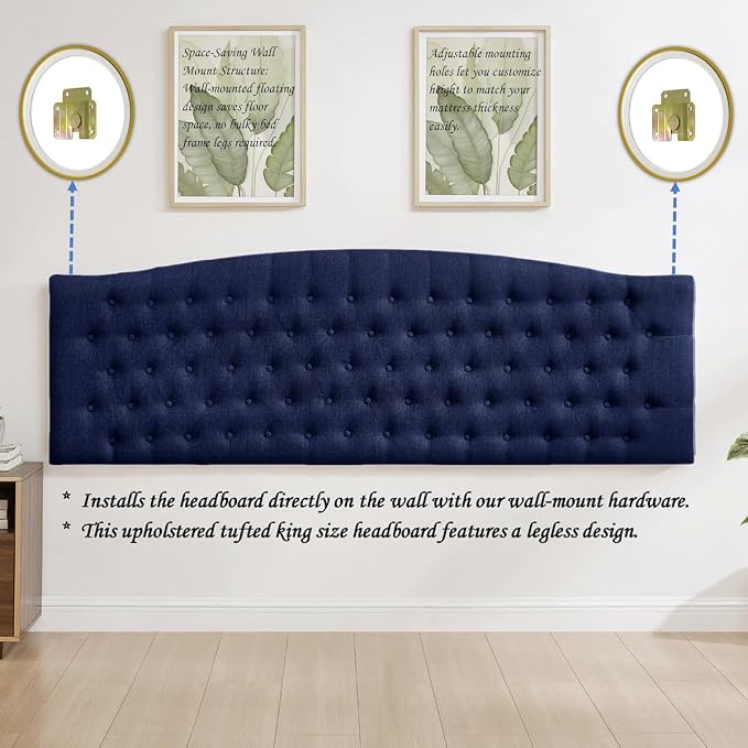 24KF Upholstered Tufted Button Linen Wall Mounted Headboard,Comfortable Fashional Headboard King/CA King Size, 6055-K-Navy Blue