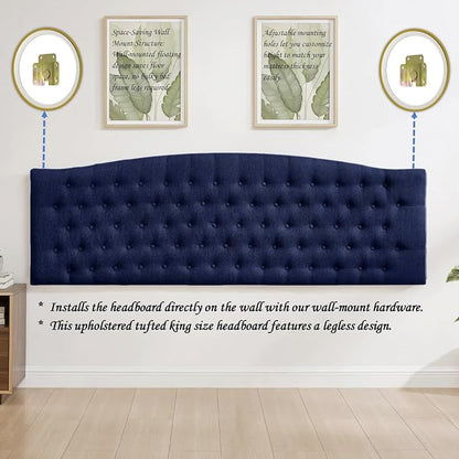 24KF Upholstered Tufted Button Linen Wall Mounted Headboard,Comfortable Fashional Headboard King/CA King Size, 6055-K-Navy Blue