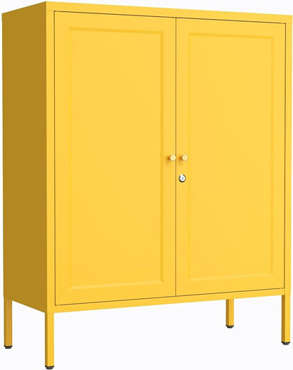 Metal Storage Locker with Djustable Shelves 36" H Lockable Modern Lockers Home Organization Cabinet 2-Door Durable Metal Cabinet for Bedroom Entrance Yellow 36" H X 31.5" W X 13.8" D