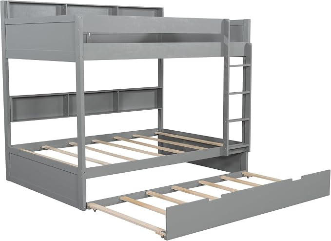 Harper & Bright Designs Rustic Wood Bunk Bed with Pull-Out Trundle, Twin Over Twin Wooden Bunk Bed with Large Cabinet Beside Upper and Down Bed, Gray