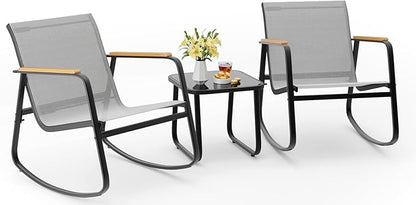 Aiho 3 Piece Patio Bistro Set, Textilene Outdoor Furniture Set with Patio Rocking Chairs with Wooden Armrests and Glass Table for for Lawn, Porch, Balcony, Poolside(Grey)