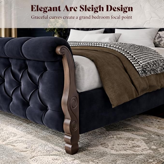 AMERLIFE Upholstered California King Bed Frame, 53" Tall Sleigh Bed with Button Tufted Chenille Headboard and Footboard, Platform Bed with Carved Solid Wood Legs, No Box Spring Needed, Black