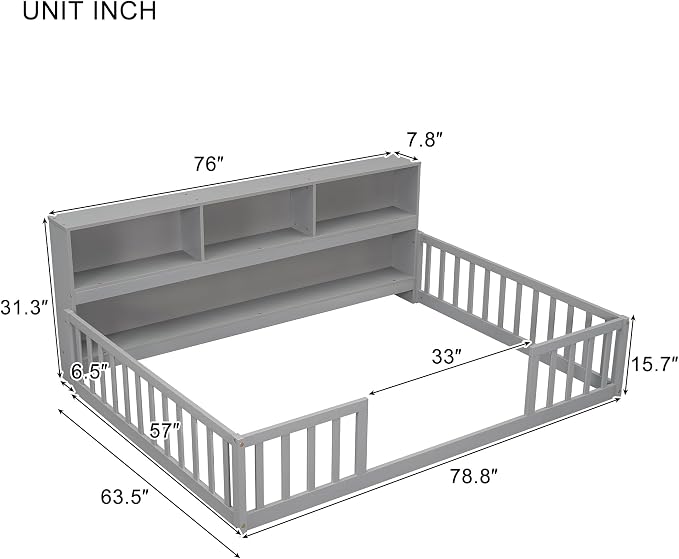 Bellemave Kids Montessori Floor Bed,Full Size Floor Bed with Bookcase and Shelves,Full Bed Frame with Guardrails for Kids,Girls,Boys,Full,Gray