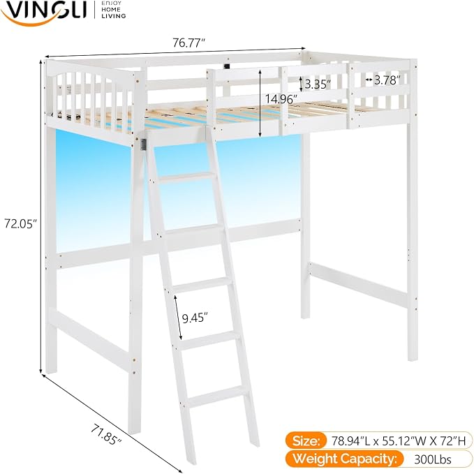 VINGLI Full Loft Bed with USB Charging Station/LED, Solid Wood Double Loft Bunk Bed with Flat Rungs for Kids/Teens/Adults, 15 inches High Guardrail,Wood Slat Support No Box Spring Needed, White
