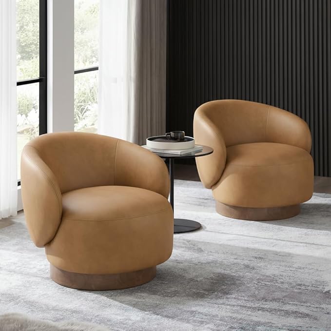KISLOT Swivel Accent Chair Modern Round Barrel Armchair with Upholstered Faux Leather for Living Room Bedroom Waitingroom,1 Box,Brown