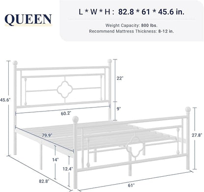 Allewie Queen Size Metal Platform Bed Frame with Victorian Vintage Headboard and Footboard/Mattress Foundation/Under Bed Storage/No Box Spring Needed/Noise-Free/Easy Assembly, White