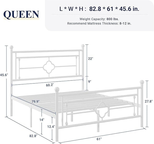 Allewie Queen Size Metal Platform Bed Frame with Victorian Vintage Headboard and Footboard/Mattress Foundation/Under Bed Storage/No Box Spring Needed/Noise-Free/Easy Assembly, White