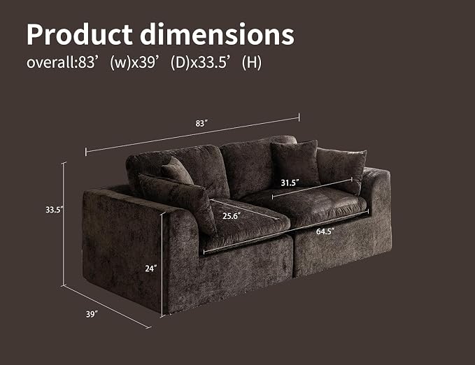 83" Modular Sectional Sofa – Modern Cloud Couch with Deep Chenille Seats, Loveseat Boneless Sofa, Pet-Friendly, No Assembly, Brown (2 Seate)