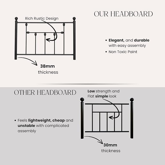 Victorian Twin Size Metal Bed Frame Height Adjustable Headboard Only, Wrought Iron Black Farmhouse Bed Frame Headboard, Easy Assembly, Short Clearance, Tall or Low Setting