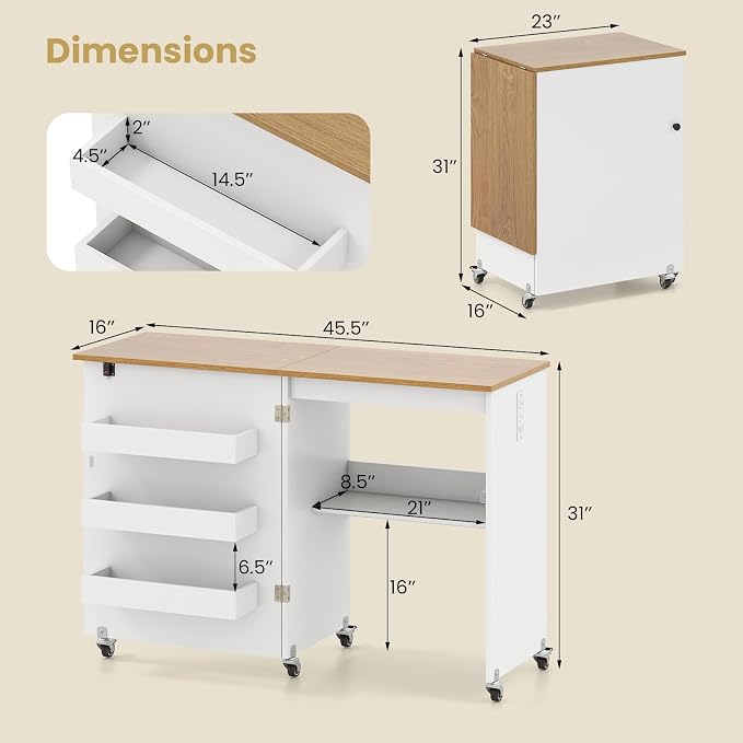 Giantex Folding Sewing Table with Charging Station, Rolling Craft Table with Storage Trays & Shelf, Foldable Sewing Machine Cabinet Desk with Lockable Wheels for Small Spaces (White & Natural)