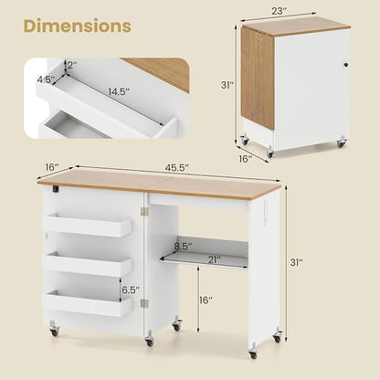 Giantex Folding Sewing Table with Charging Station, Rolling Craft Table with Storage Trays & Shelf, Foldable Sewing Machine Cabinet Desk with Lockable Wheels for Small Spaces (White & Natural)
