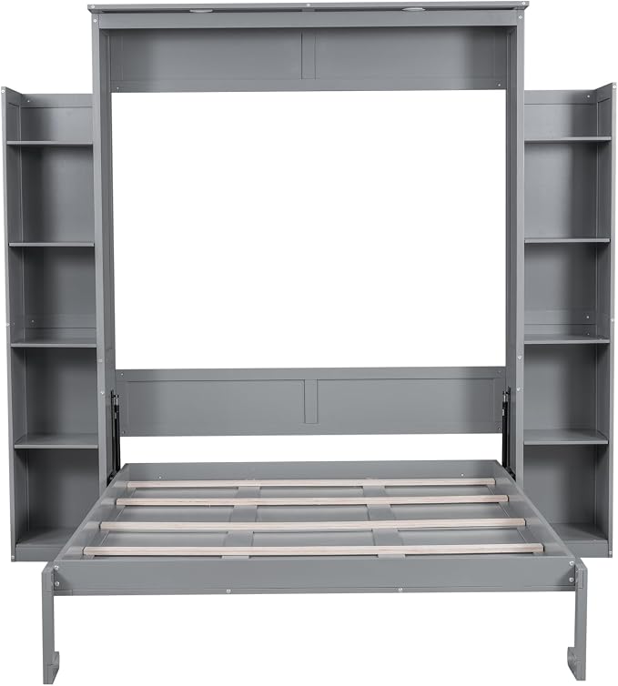 MERITLINE Queen Murphy Bed with Storage and LED Lights, Wood Grey Murphy Wall Bed Cabinet with Shelves Bookcase Bookshelf for Adults (Grey,Queen)