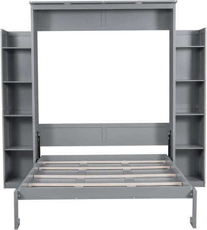 MERITLINE Queen Murphy Bed with Storage and LED Lights, Wood Grey Murphy Wall Bed Cabinet with Shelves Bookcase Bookshelf for Adults (Grey,Queen)