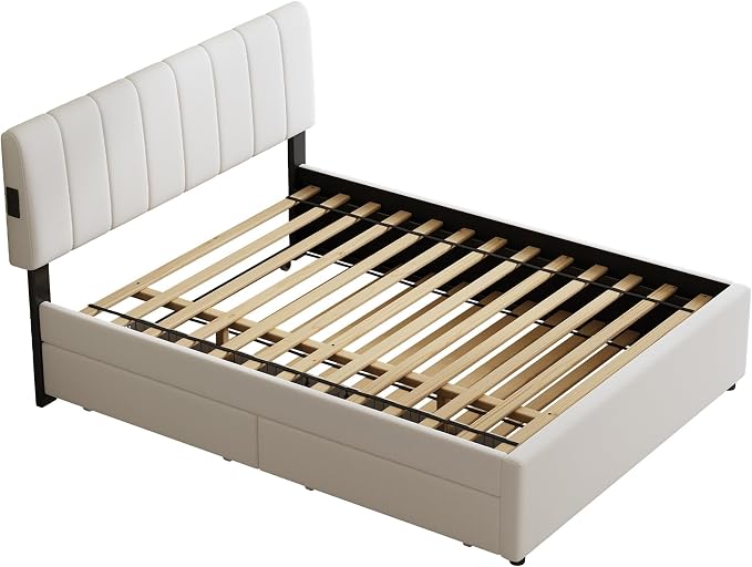 Queen Size Upholstered Platform Bed w/Trundle Bed & 2Storage Drawers | Twin Size Trundle,Two Drawers,LED Lighting Controlled by APP, USB+Type-C Charging Ports,Chenille Upholstered Bed Frame,Beige