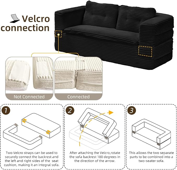 80'' Futon Sofa Bed, King Size Foldable Sleeper Sofa, Corduroy Boneless Loveseat Couch with Chaise Lounge, 3 Pillows, Blanket, Upholstered Sectional Couches for Living Room, Bedroom, Black