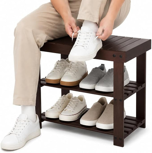Shoe Rack Bench, 3-Tier Shoe Storage Organizer for Entryway , Shoe Shelf for Small Spaces, Multi-Functional Side Table Plant Stand, Shoe Stand for Bedroom, Living Room, Closet, Front Door, Brown