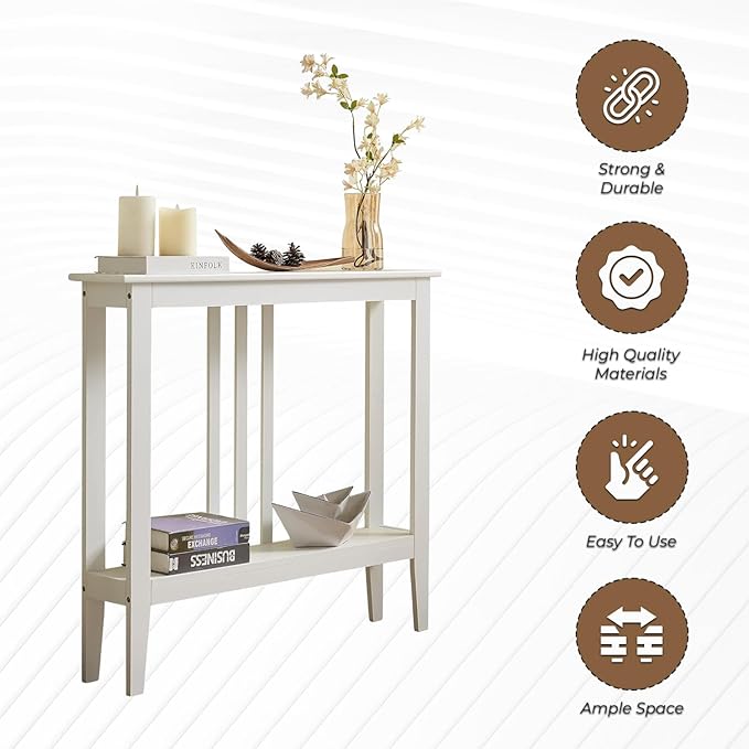 Kings Brand Furniture Narrow Console Table with Storage – Rectangular Entryway & Behind Sofa Table, Wood Accent Hallway Table for Foyer or Living Room, White
