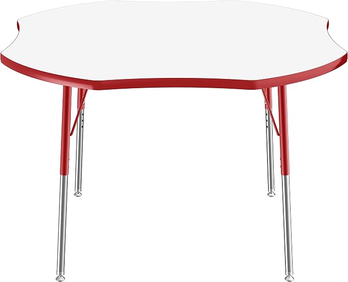 FDP Dry-Erase Clover Activity School and Office Table (48 x 48 inch), Standard Legs with Swivel Glides for Collaborative Spaces, Adjustable Height 19-30 inches - Whiteboard Top, Red Edge and Legs