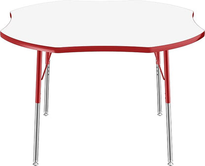 FDP Dry-Erase Clover Activity School and Office Table (48 x 48 inch), Standard Legs with Swivel Glides for Collaborative Spaces, Adjustable Height 19-30 inches - Whiteboard Top, Red Edge and Legs