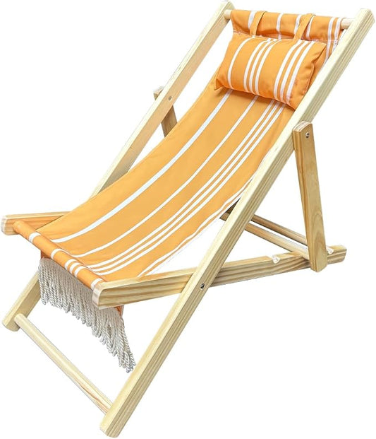 Children’s Vintage Sun Lounger Sling Chair | Wooden Frame with Canvas Fabric | Outdoor Folding Deck Chair for Kids Ages 5+ | Portable & Lightweight for Backyard, Poolside, or Beach (Sunrise Fringe)