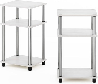 Furinno JUST Side Table Set of 2, 3-Tier Modern End Tables, Toolless Assembly Night Stand, Nightstand, Toolless Assembly, for Living Room, Bedroom, White Oak/Stainless Steel