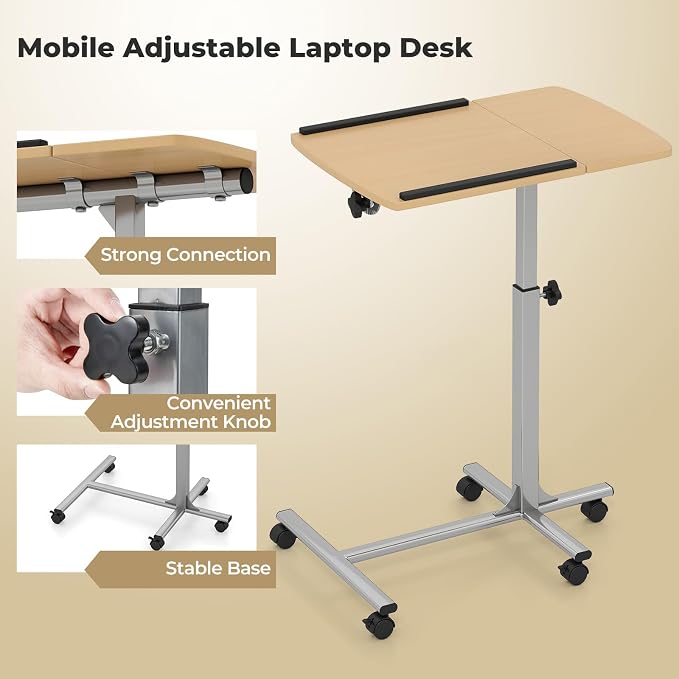 Tangkula Mobile Overbed Table Couch Table, Rolling Angle & Height Adjustable Laptop Stand Cart, Laptop Desk with Smooth & Lockable Wheels, Tray Table for Bed Sofa Side (Natural)