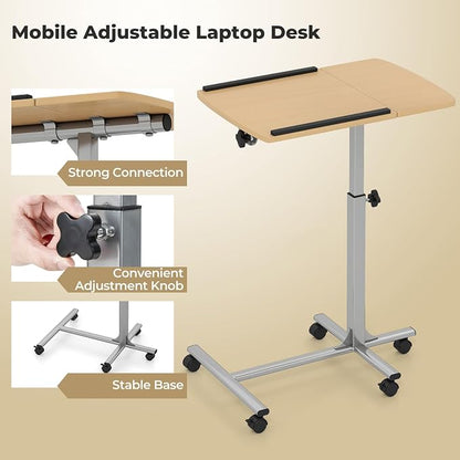Tangkula Mobile Overbed Table Couch Table, Rolling Angle & Height Adjustable Laptop Stand Cart, Laptop Desk with Smooth & Lockable Wheels, Tray Table for Bed Sofa Side (Natural)