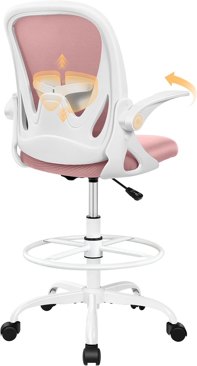 Primy Drafting Chair Tall Office Chair with Flip-up Armrests Executive Ergonomic Computer Standing Desk Chair with Lumbar Support and Adjustable Footrest Ring (Rose Quartz)