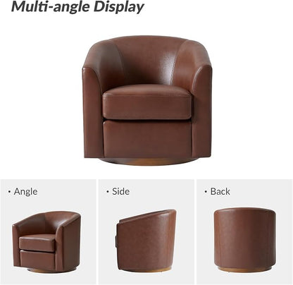 HULALA HOME Genuine Leather Swivel Barrel Chairs Set of 2, Round Swivel Accent Chairs with Solid Wood Base, Leather Barrel Accent Chair for Living Room, No Assembly Required, Brown