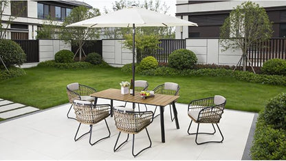 7-Piece Outdoor Wicker Dining Set with Wood-Plastic Composite Table Weather-Resistant Patio Furniture for 6 Person Scandinavian Design for Deck Garden Family Gatherings