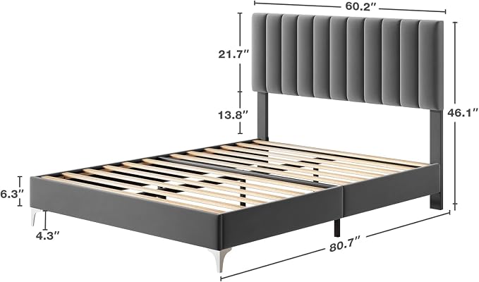 IDEALHOUSE Queen Size Bed Frame with Adjustable Headboard, Velvet Upholstered Platform Queen Bed Frame with Strong Wooden Slats, Non-Slip and Noise-Free, No Box Spring Needed, Easy Assembly, Grey
