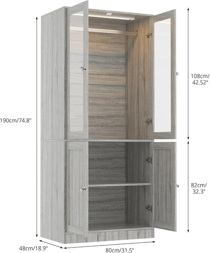 VOWNER 75" Tall Armoire Wardrobe Closet with Drawers & Lights, Clothing Storage Cabinet with 2 Glass Doors & Hanging Rod, Wooden Armoire Storage Cabinet for Bedroom (Grey Oak, 75''H)