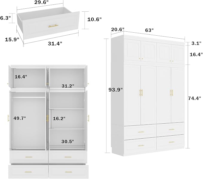 MOUMON 4 Door Wardrobe Closet with Drawers & Shelves, Armoire Closet with Hanging Rod, Wardrobe Cabinet with Gold Metal Handles, Top Cube Storage, White (63”W x 20.6”D x 94.7”H)