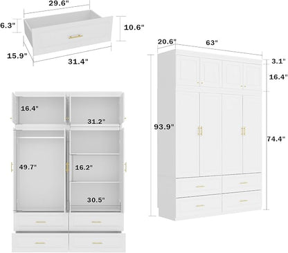 MOUMON 4 Door Wardrobe Closet with Drawers & Shelves, Armoire Closet with Hanging Rod, Wardrobe Cabinet with Gold Metal Handles, Top Cube Storage, White (63”W x 20.6”D x 94.7”H)